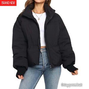 Cropped Puffer Jacket Winter Warm Quilted Lightweight with Pockets